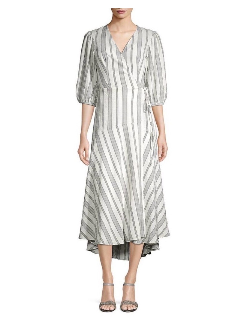 CALVIN KLEIN Modest Career Wear Striped Faux Wrap Midi Puff Sleeve Dress Size 10